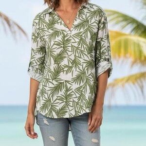 Nicole Miller Top Blouse 100% Linen Tropical White Green Womens 1x Beach resort